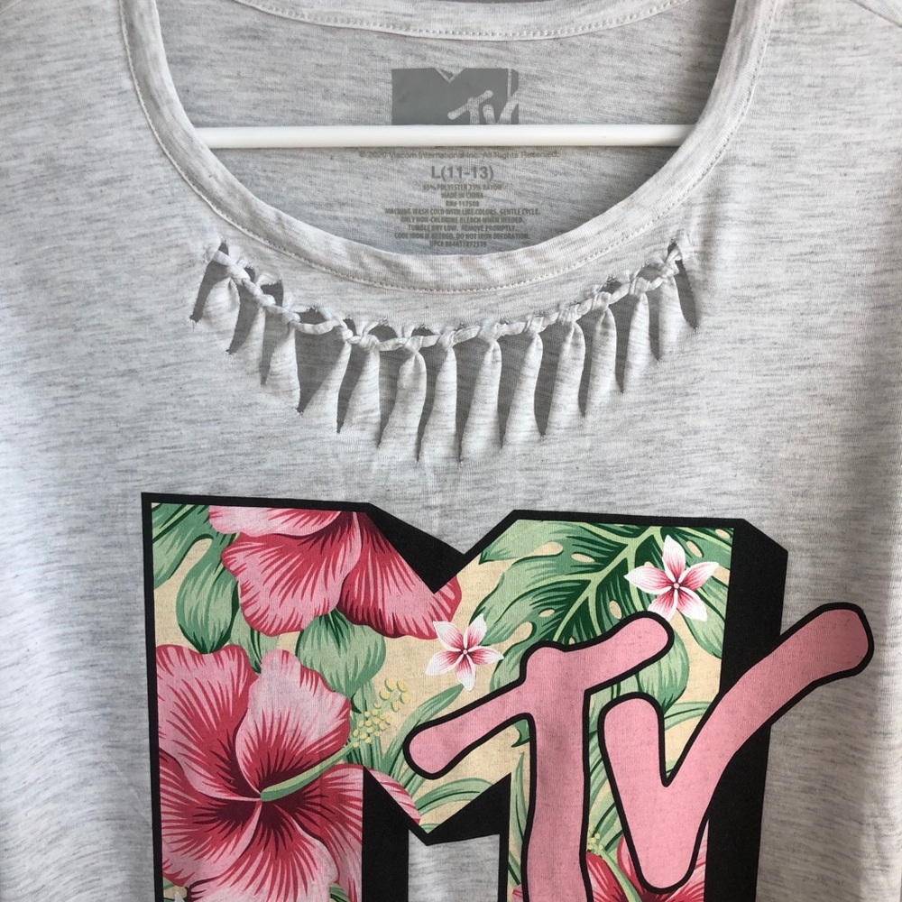 MTV White Short Sleeve Tee with Pink Floral Logo - Picture 2 of 4